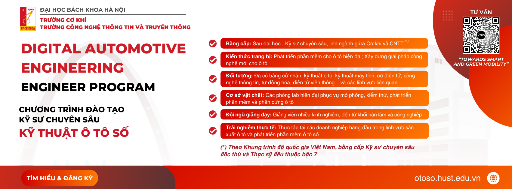 Thông báo mở hệ thống đăng ký học tích hợp và xét tuyển CTĐT Kỹ sư chuyên sâu Kỹ thuật ô tô số